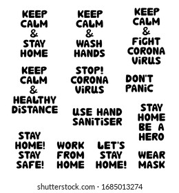 Quotes set about coronavirus. Wash hands, healthy distance, stay home, work from home, wear mask. Cute hand drawn bauble lettering. Isolated on white background. Vector stock illustration.
