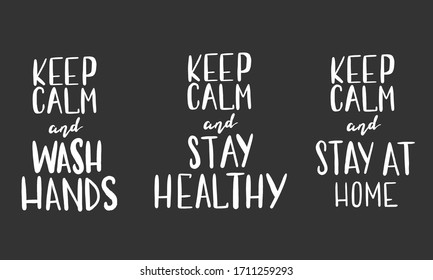 Quotes set about coronavirus. Wash hands, healthy distance, stay home, stay healthy. Cute hand drawn lettering. Isolated on white background. Vector stock illustration.
