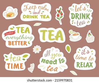 Quotes tea typography set. Calligraphy hand written phrases about tea. Tea shop lettering design collection. On brown isolated background.