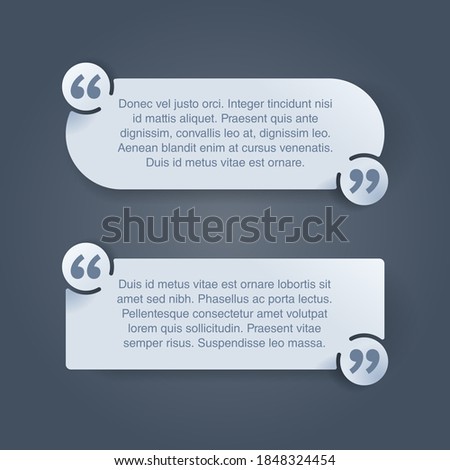 Quotes template in 2 variations - decorative frame block with creative quotation marks and place with sample text (message box) - vector typographic block or website element
