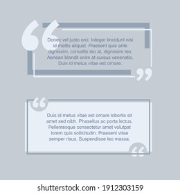 Plantilla de citas en 2 variaciones - bloque de texto decorativo plano. comillas creativas y lugar de copia con texto de ejemplo, cuadro de mensaje - bloque tipográfico vectorial o elemento de sitio web