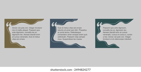 Quotes template in 3 colorful organic square shapes, with negative space. Creative quotation marks and copy space with sample text