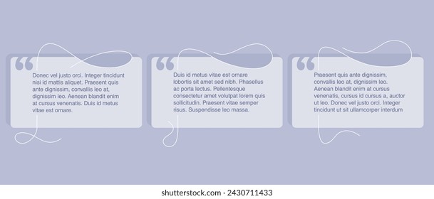 Plantilla de citas con 3 líneas caligráficas decorativas. Comillas creativas y lugar de copia con texto de muestra, cuadro de mensaje - bloque tipográfico vectorial o elemento de sitio web