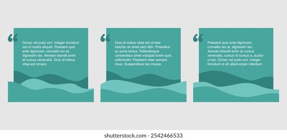 Quotes template in 3 turquoise organic square shapes, with negative space. Creative quotation marks and copy space with sample text