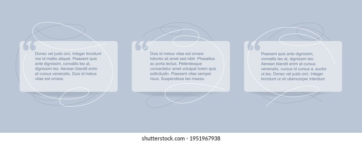 Quotes template in 3 variations - flat decorative text block with quotation marks and wavy calligraphic lines - vector typographic block or website element