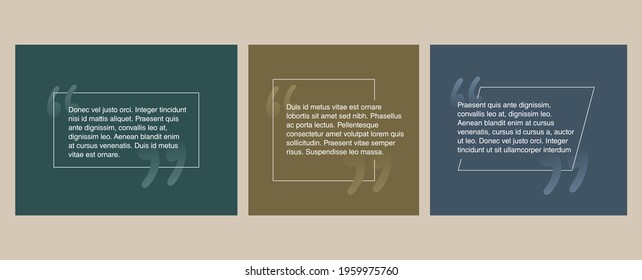 Quotes template in 3 variations - flat decorative text block. Creative quotation marks and copy place with sample text, message box - vector typographic block or website element