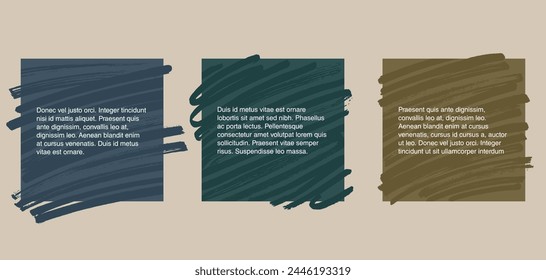 Quotes template in 3 variations - flat decorative text block. Creative square frames with brush strokes
