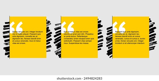 Quotes template in 3 variations - flat decorative text block. Creative yellow frames with brush strokes