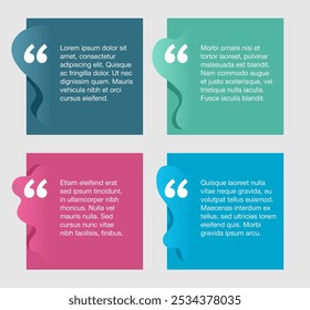 Quotes template in 4 colorful organic square shapes, with negative space. Creative quotation marks and copy space with sample text