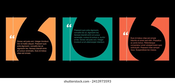 Quotes template in colorful squares with negative space. Creative quotation marks and copy place with sample text, message box