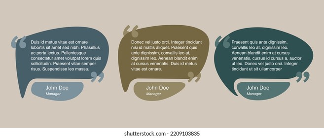 Quotes template - flat decorative text frame in message bubble shapes. Quotation marks and copy place with sample text, message box - vector typographic block or website element