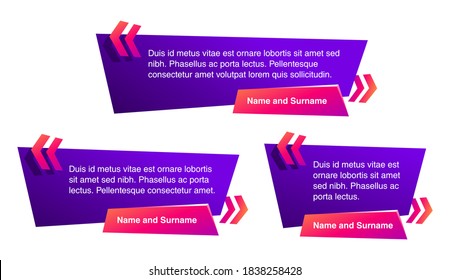 Quotes template set in 3 different sizes - decorative frame block with creative quotation marks and place with sample text (message box) - vector typographic block or website element