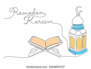 Quran with board and lantern with ramadan kareem handwriting in one single continuous line style. Ramadan kareem concept vector.