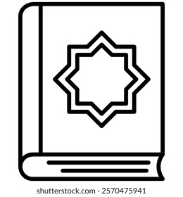 Quran book with Islamic geometric star pattern on the cover. Line icon illustration. Perfect for religious, educational, and cultural themes, including Islamic studies, Quranic learning, and spiritual