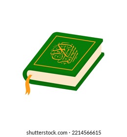 Quran book islamic icon isolated on white background. Arabic sacred koran. Isometric design. Vector golden green illustration.