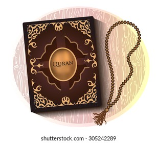 Quran with brown cover and wooden rosary beads top view