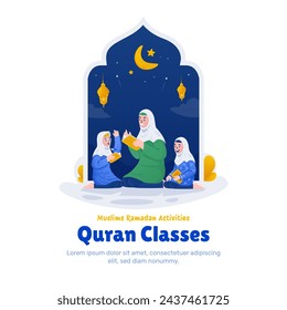 Quran classes illustration, Islamic ramadan kid activities, Fasting day celebration by learning holy Quran flat design