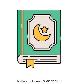 Quran Flat design style, green book with a crescent moon, representing the holy Islamic scripture, great for religious materials, educational content, and cultural visuals.