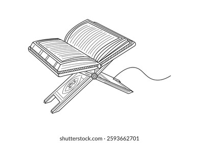 Quran holy book line art on wooden rehal black and white outline vector line drawing hand-drawn sketch of religious book