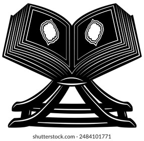 Quran Holy book on the book holder icon black silhouette. Arabic symbol of prayer for Islamic holidays Ramadan, Eid Al-Adha, Eid Mubarak. Isolated vector illustration.