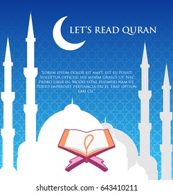 Quran icon on mosque silhouette background for ramadan greeting card