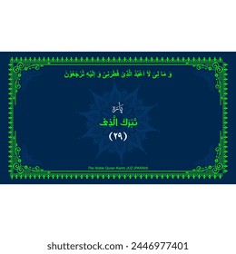 Quran Juz No. 29 Name in Arabic with English Translation on Islamic background. Quran Para Cover vector Design