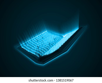 Quran kareem. the sacred book of islam. blue glowing arabic text with light rays. suitable for ramadan, islam and book themes. 3d style vector illustration.