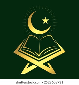 Quran on stand and golden crescent star. Islamic beautiful symbol