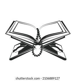 Quran on wooden board stand in the mosque, open koran and prayer beads, vector