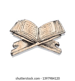 Quran on a wooden book stand. Hand drawing illustration