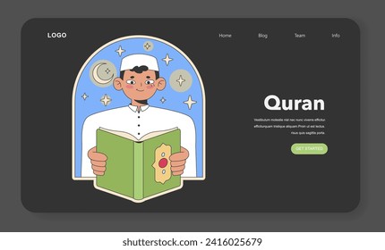 Quran reading illustration. A young Muslim engaging with the holy text against a night sky backdrop, symbolizing faith and learning. Flat vector image.