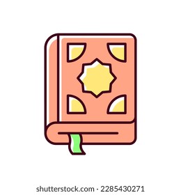 Quran RGB color icon. Central religious text of islam. Religious traditional literature. Guidance of humanity lifestyle. Isolated vector illustration