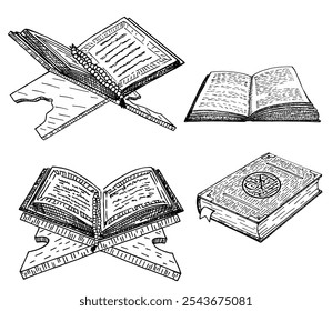 Ilustração do vetor de esboço do conjunto do Alcorão. O livro sagrado do Alcorão no stand, aberto e fechado. Muçulmano, elemento de design de símbolo de religião islâmica. Ilustração vetorial desenhada à mão isolada em branco.