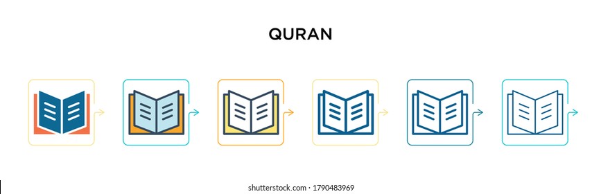 Quran vector icon in 6 different modern styles. Black, two colored quran icons designed in filled, outline, line and stroke style. Vector illustration can be used for web, mobile, ui