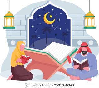 Quranic Recitation on special Qadr night concept, couple reading Illuminated religious Verses vector icon design, Ramadan Eid al-Fitr Banner, Muslim fasting month scene, Arabic holidays illustration