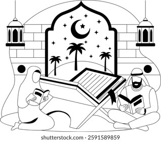 Quranic Recitation on special Qadr night concept, couple reading Illuminated religious Verses vector icon design, Ramazan Eid al-Fitr sign, Muslim fasting month story, Arabic holidays illustration