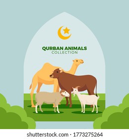 Qurban Animals Collection with Illustration of Camel, Cow, Sheep and Goat