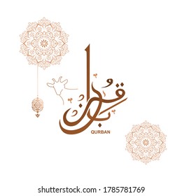 Qurban calligraphy illustration vector with goat outline and florar ornaments