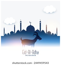 Qurban in Eid Al Adha Mubarak with Mosque, Stars and Lanterns as Background
