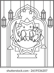 Qurban in Eid Al Adha Mubarak with Mosque, Stars, and Cow as Background. Coloring For Kids And Adults.