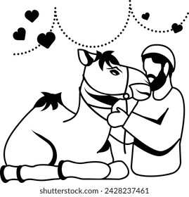 Qurban Islamic ritual sacrifice vector Design, Eid al-Azha or Eid ul Kabir Symbol, Hajj Sign, Muslims religious Festival Stock illustration, Muslim Man wearing green cap and Holding Camel Rope Concept