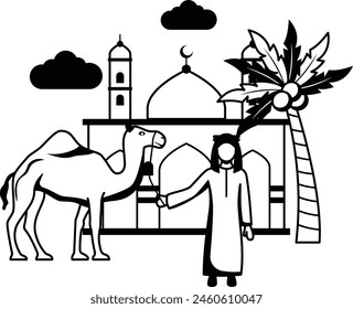 Qurban Islamic ritual sacrifice vector Icon Design, Eid al-Azha or Eid ul Kabir Symbol, Hajj Sign, Muslims religious Festival Stock illustration, Arabic Young Man Holding Camel Rope Concept