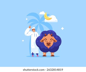 qurban or sacrifice animal concept. illustration of a muslim man with a goat or sheep with palm tree silhouette. cute and adorable animal characters. celebration of eid al-adha. flat style. blue 
