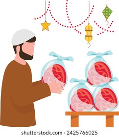 Qurbani meat distribution between family, friends and  poor Concept, Bunch of Sacrificial meat bags vector, Eid al-Azha Eid ul Kabir Symbol, Hajj Sign, Muslims religious Festival Stock illustration