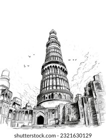 Qutub Minar. Black and white illustration of Qutub Minar.