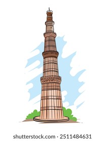 Qutub Minar, Delhi. monumento más famoso de la India, atracción turística, Ilustración vectorial.