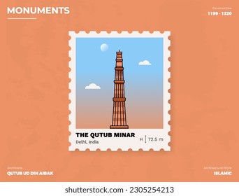 The Qutub Minar Monument Postage stamp ticket design with information-vector illustration design