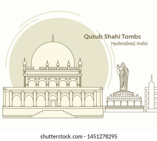 Qutub Shahi Tombs Hyderabad India Line art vector