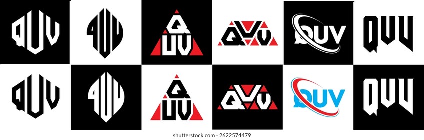 QUV letter logo design in six style. QUV polygon, circle, triangle, hexagon, flat and simple style with black and white color variation letter logo set in one artboard. QUV minimalist and classic logo
