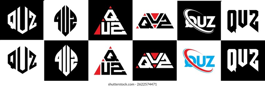 QUZ letter logo design in six style. QUZ polygon, circle, triangle, hexagon, flat and simple style with black and white color variation letter logo set in one artboard. QUZ minimalist and classic logo